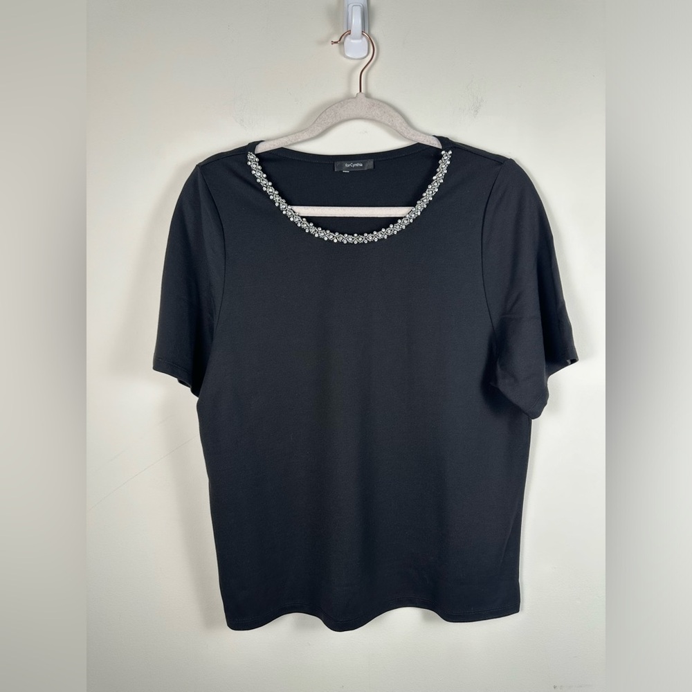 For Cynthia T-Shirt Women‎ Medium Black NWT Embellished Neckline Ponte Tee